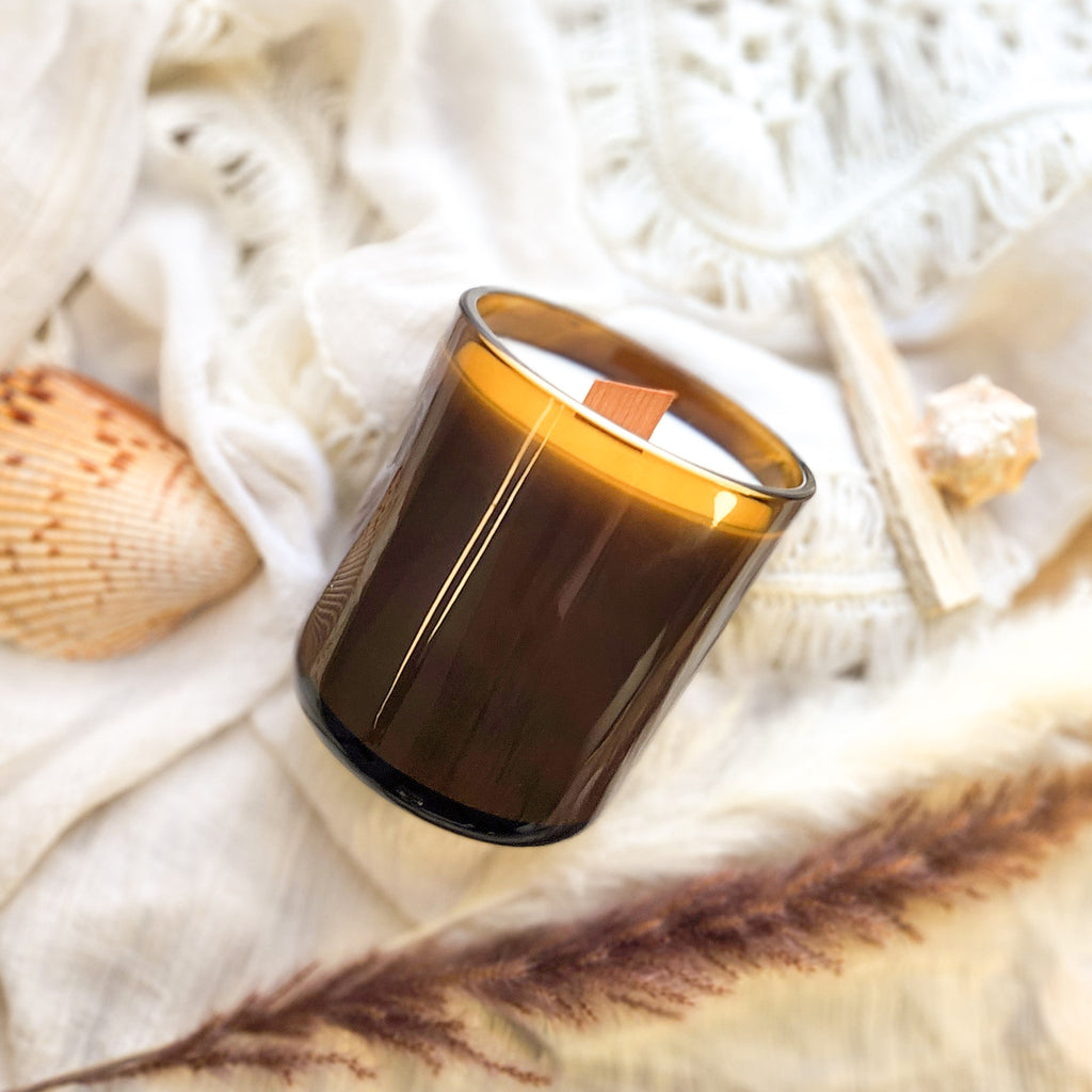 Amber & Musk Crackling Wooden Wick Scented Candle Made With Coconut Wa -  Get a Whiff Co.