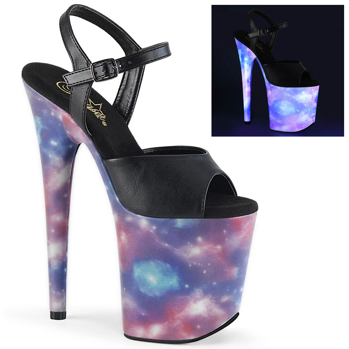 8" Heel, 4" PF Ankle Strap Sandal w/ Reflective Effect