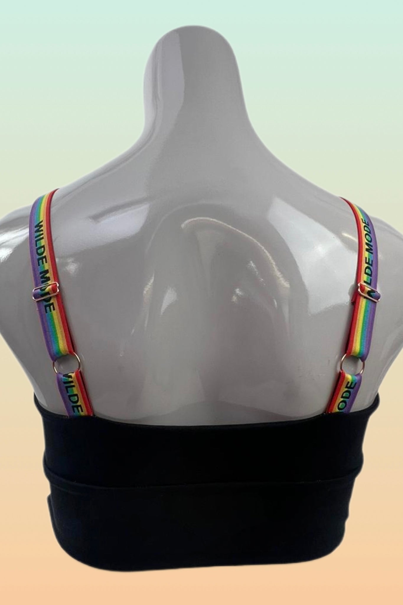black comfortable bra with rainbow wilde mode straps made slowly and ethically in scotland UK