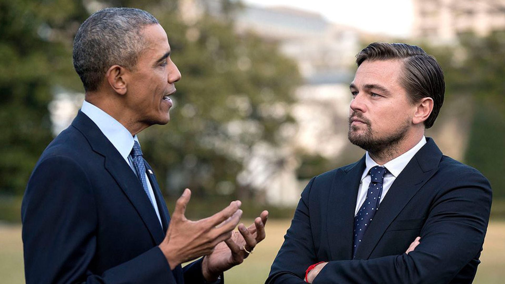 Barack Obama speaking to Leonardo DiCaprio