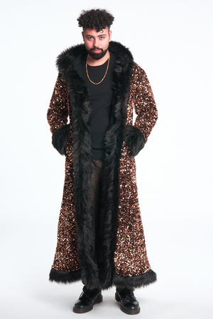 Deluxe Baron Coat: Solid Gold Sequin + Black Faux Fur Trim