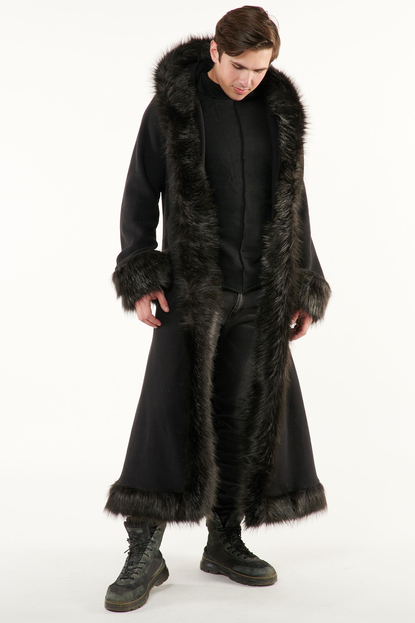 Classic Baron Coat: Black Coat + Black Faux Fur Trim