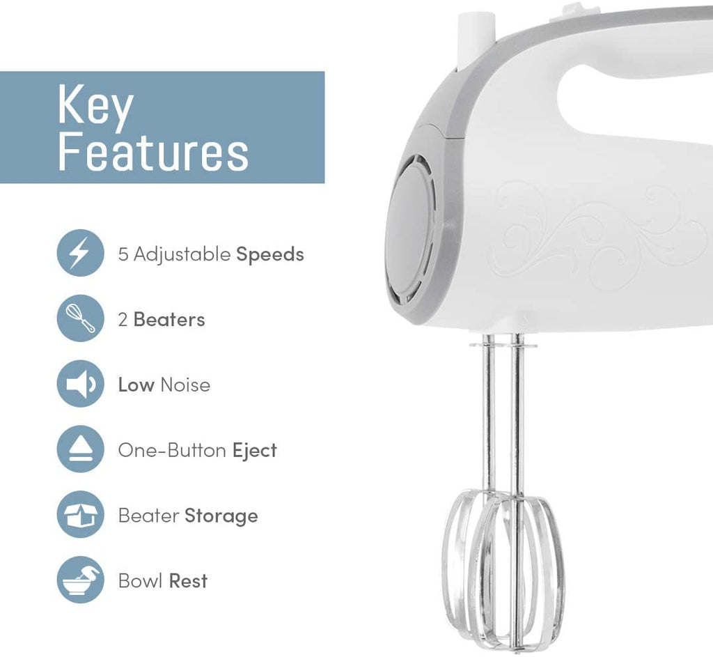  EHM-003X Ultra Power Electric 5-Speed Kitchen Hand Mixer with 2 Extra Wide Stainless Steel Smooth Creamy Whipped Mixtures Plus Convenient, Beater Storage