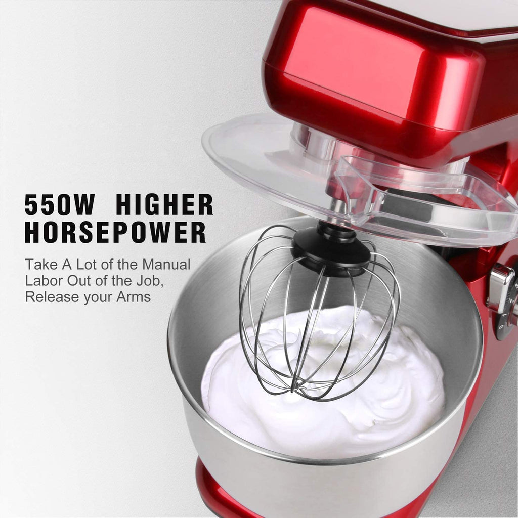 Stand Mixer 8 Speeds 550W Double Hooks 5.5QT LASANTEC Electric Kitchen Mixer Stainless Steel Bowl,Wire Whip,Flat Beater,Pouring Shield