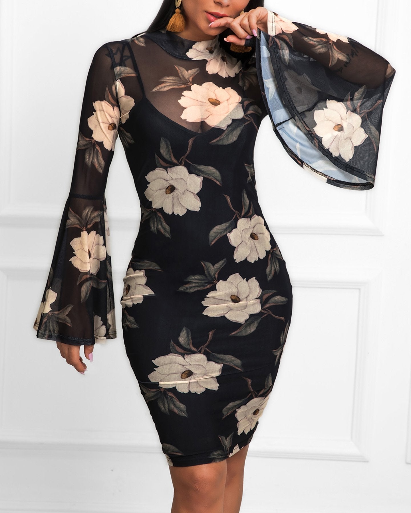 Floral Print Bell Sleeve Bodycon Dress – vsmee