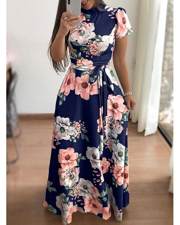 Women's A-Line Dress Maxi long Dress - Short Sleeve Print Floral Print ...