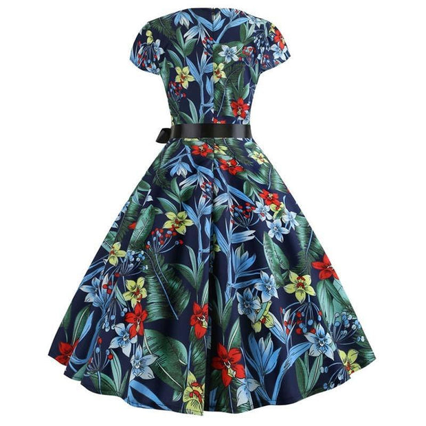 Women Vintage Summer Floral Print Short Sleeve Party Dresses – vsmee