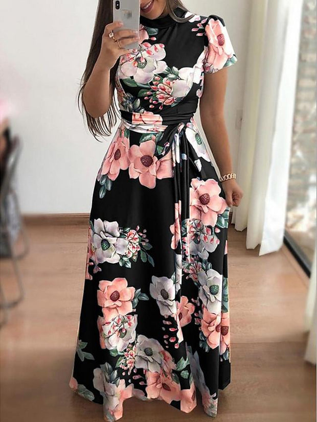 Women's A-Line Dress Maxi long Dress - Short Sleeve Print Floral Print ...