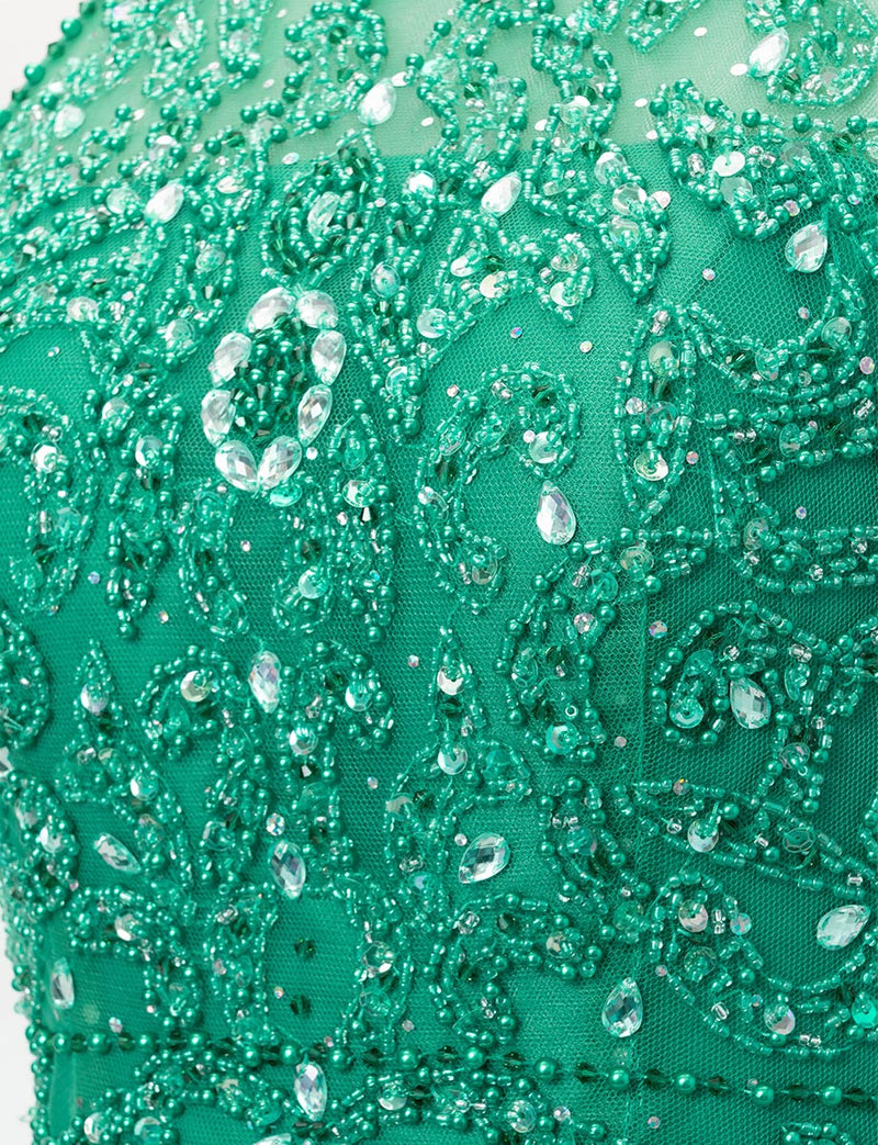 TWEED DRESS(ツイードドレス)のグリーンロングドレス・チュール｜TD1853-GNの上半身ビジュ装飾拡大画像です。