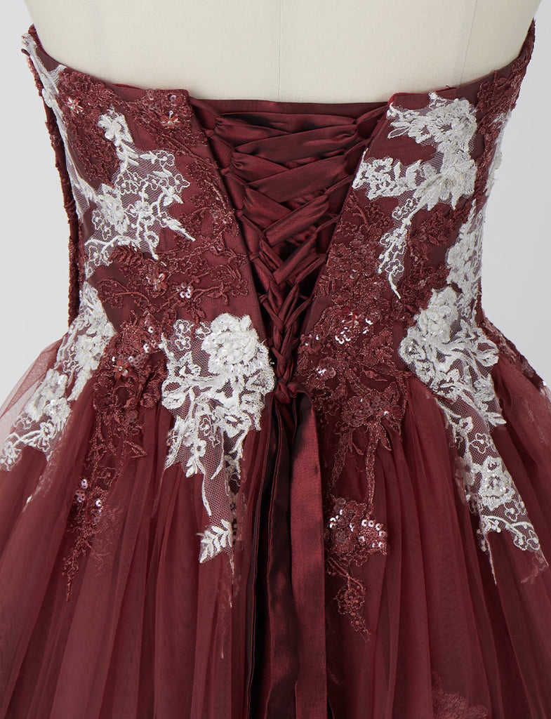 TWEED DRESS(ツイードドレス)のワインレッドロングドレス・グラデーションチュール｜TN2004-WRDのトルソー上半身後ろ画像です。