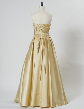 TWEED DRESS(ツイードドレス)のゴールドロングドレス・サテン｜TW1922-GDのトルソー全身背面画像です。