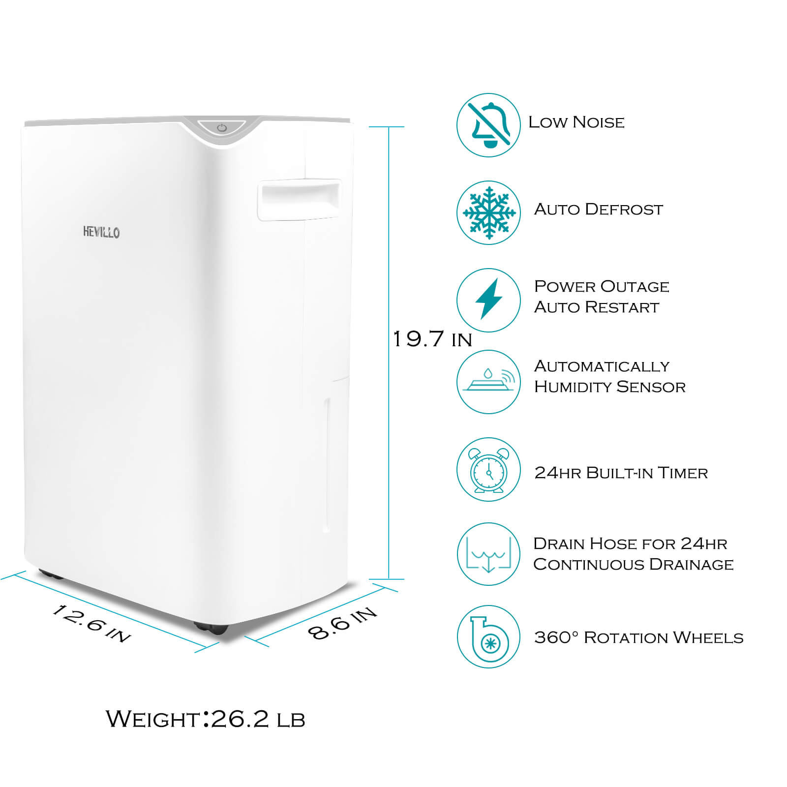 HEVILLO 2000 SqFt Dehumidifier for Home Basements Bedroom Garage, with  Continuous Drain Hose and Wheel, 0.66 Gallon Water Tank Capacity,  Intelligent Humidity Control (Black) - Kelvinbook