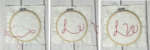 4. Place felt fabric in a 15 cm embroidery hoop. Thread embroidery needle with two strands of thread. A chain stitch was used for the “L v e”.  Suggested stiches: Chain Stitch, Couching Stitch, Back Stitch, Stem Stitch or you can use any embroidery stitch you like, just follow the dots.