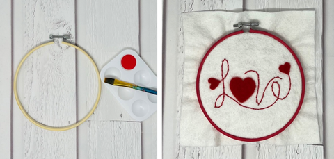 11. Option: paint outside hoop with red acrylic paint. Let dry. Place “Love” in center of hoop and tighten in place.