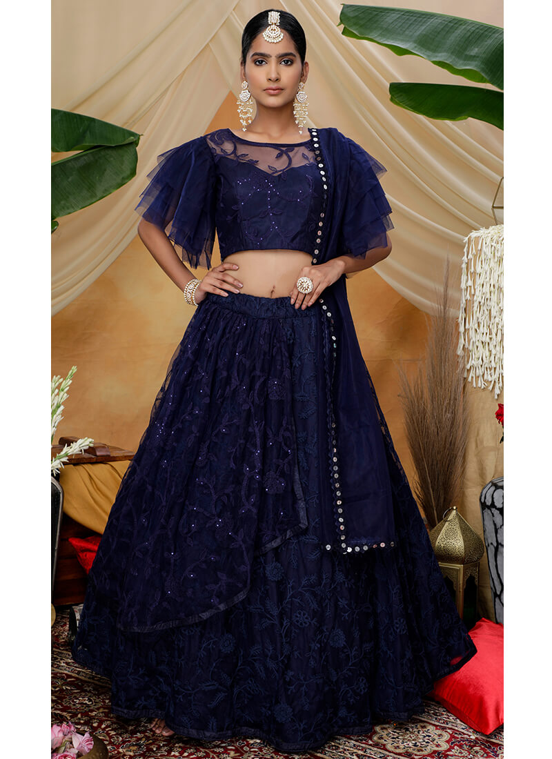 Navy Blue Net Thread Embroidered Lehenga – Stylemantra