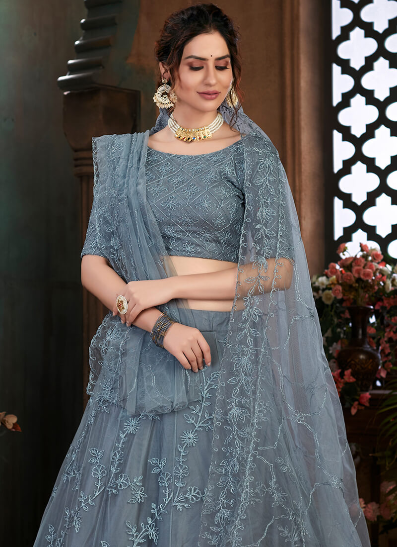 Dusty Blue Embroidered Net Lehenga – Stylemantra