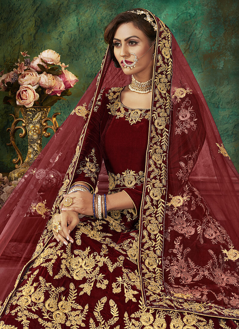 Red Embroidered Velvet Anarkali – Stylemantra