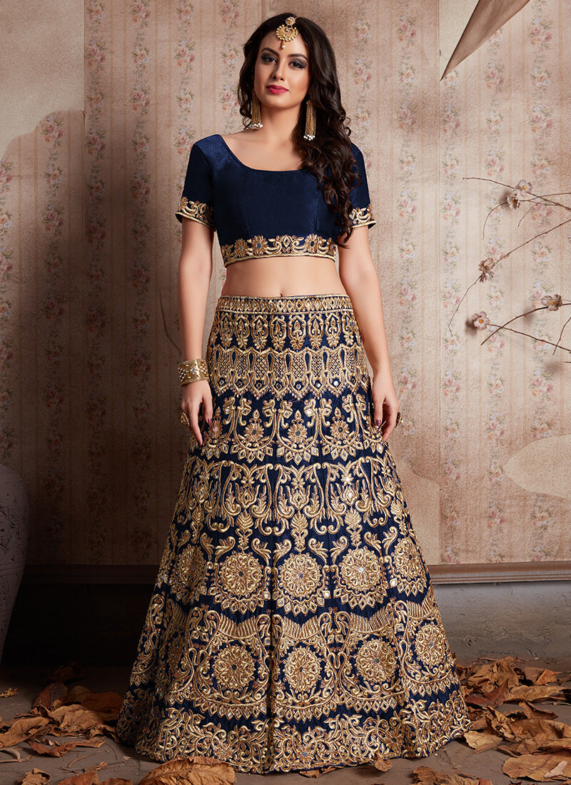 Royal Blue Heavy Embroidered Velvet Lehenga – Stylemantra