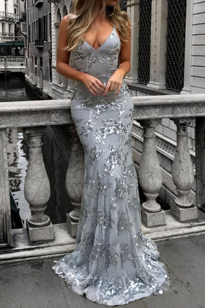 Silver Sequin Net Overlay Gray Lace Mermaid Prom Dresses Party Dresses