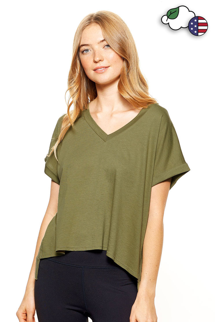 Women's Hemp Cuffed V-Neck Cutout Back Mid-Crop T-Shirt