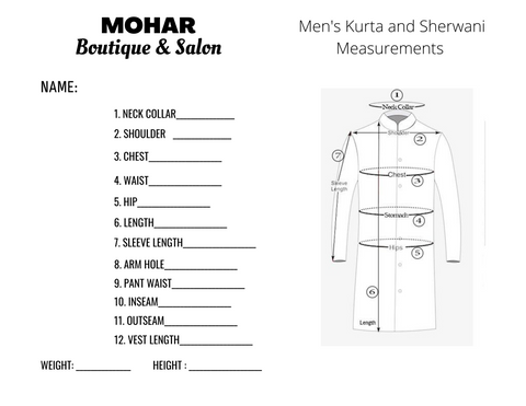 Sherwani size chart