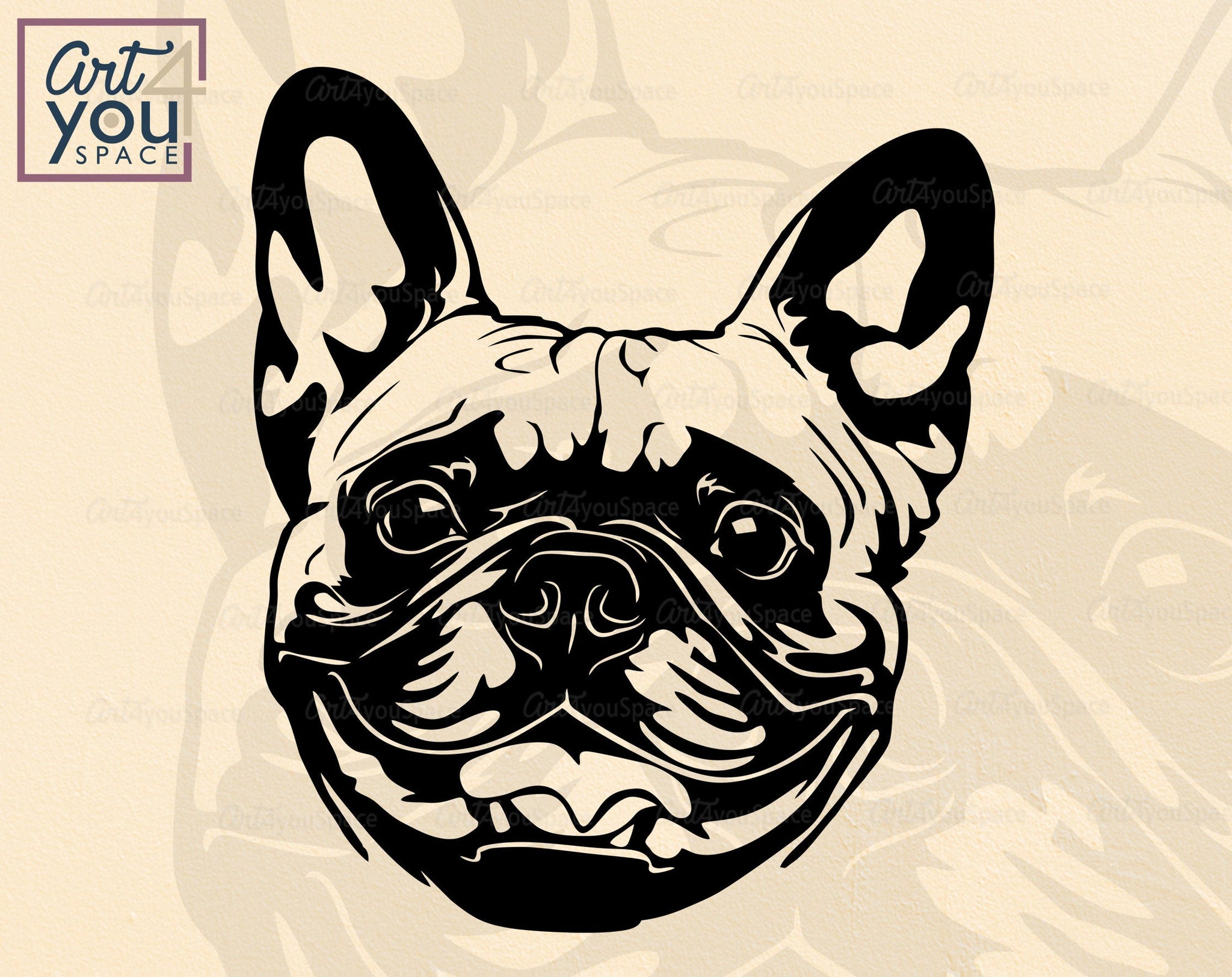 French Bulldog SVG PNG DXF, Frenchie With Leopard Bandana Clipart Down