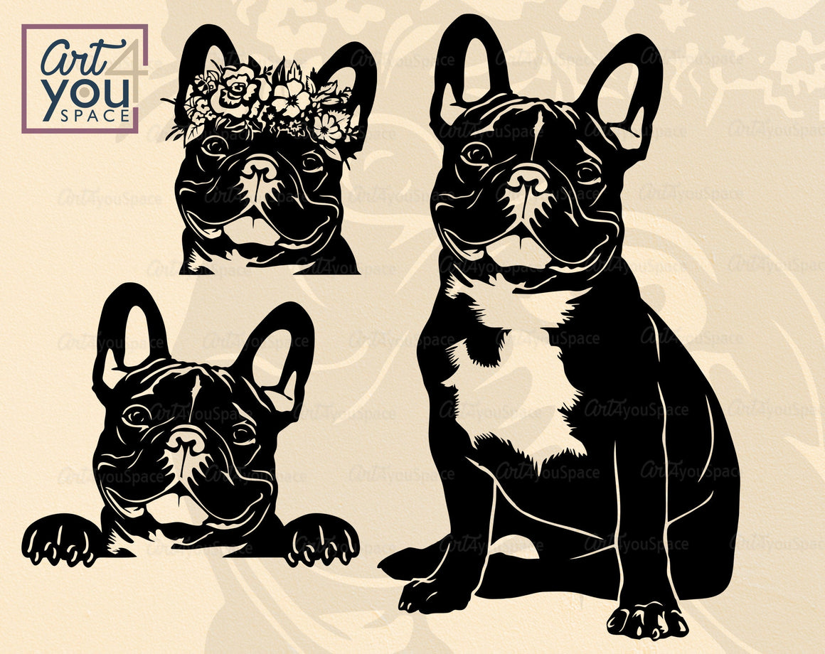 French Bulldog SVG PNG DXF, Frenchie With Flowers Clipart Download, Do