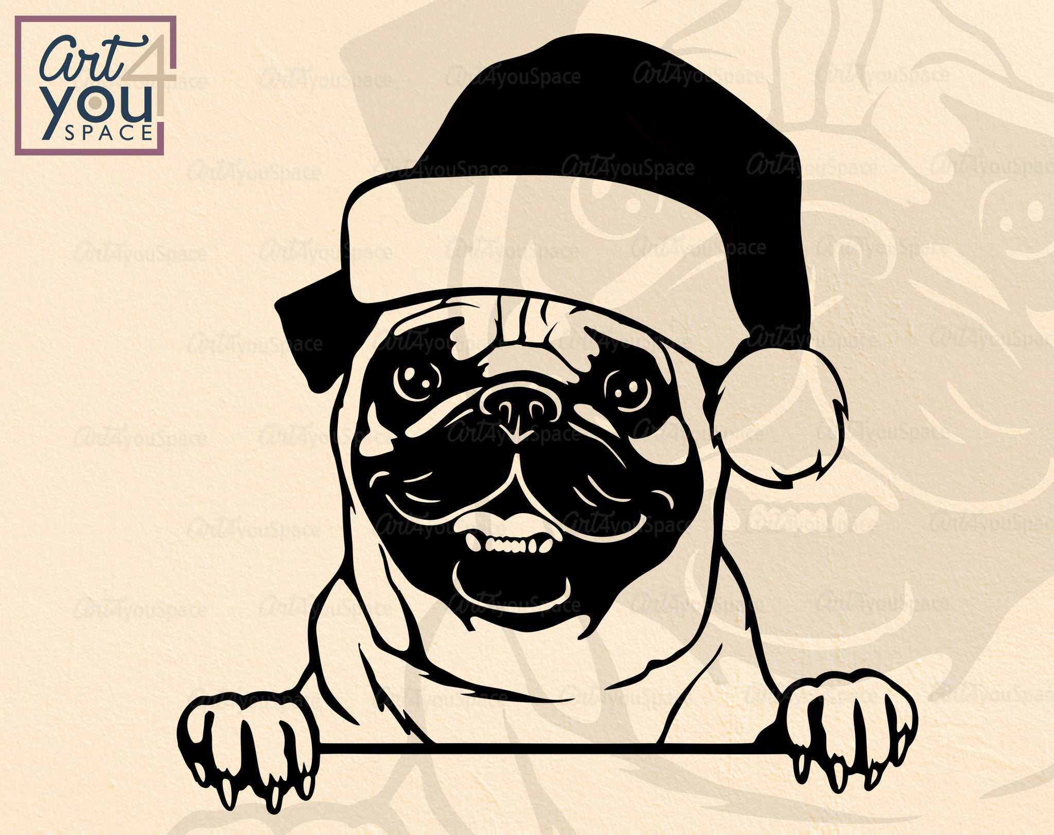 Pug Christmas SVG PNG DXF Files, Dog Santa Hat Cricut, Vector Clipart