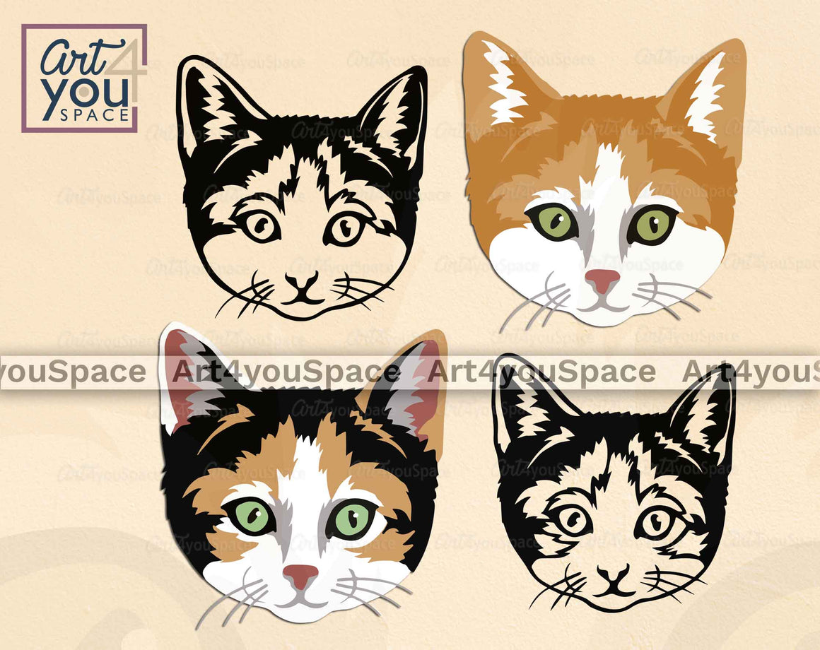 Calico Cat SVG File For Cricut, Three Colour Kitten Face Vector Clipart
