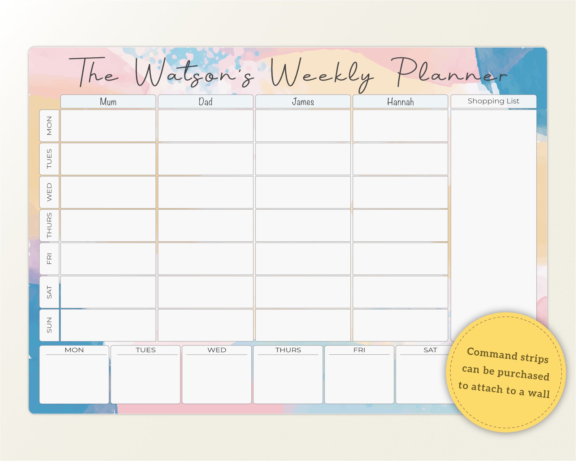 Whiteboard Family Planner, Personalised Weekly Family Organiser