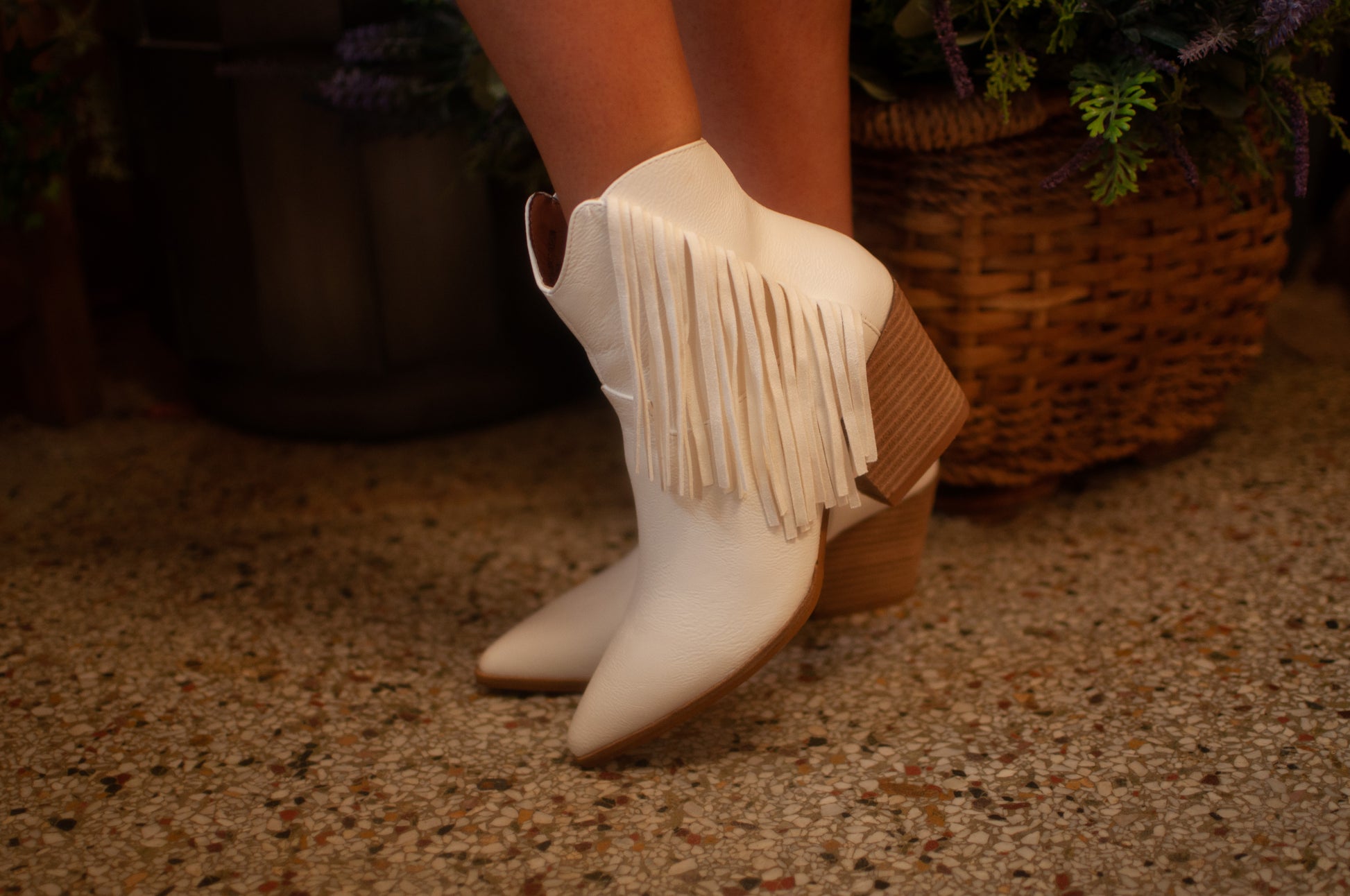 white fringe booties