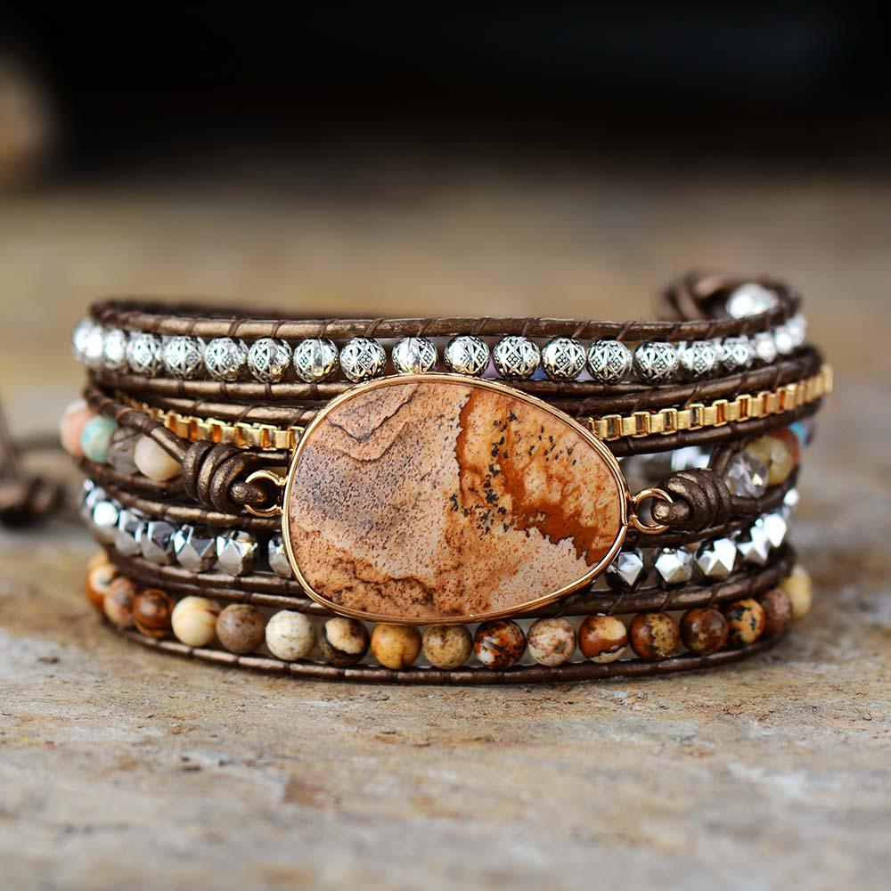 Natural Jasper Semi-Precious Stone Leather Wrap Bracelet