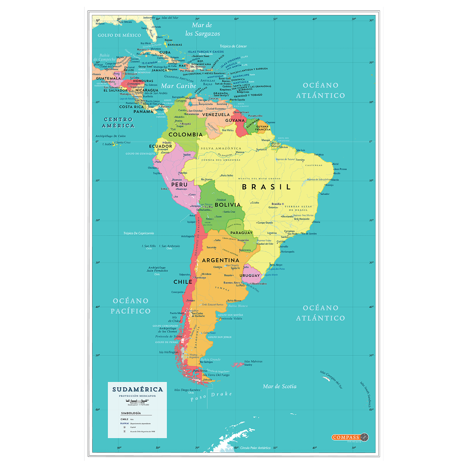 Mapa Político De Sudamérica Pineable Editorial Compass 5036