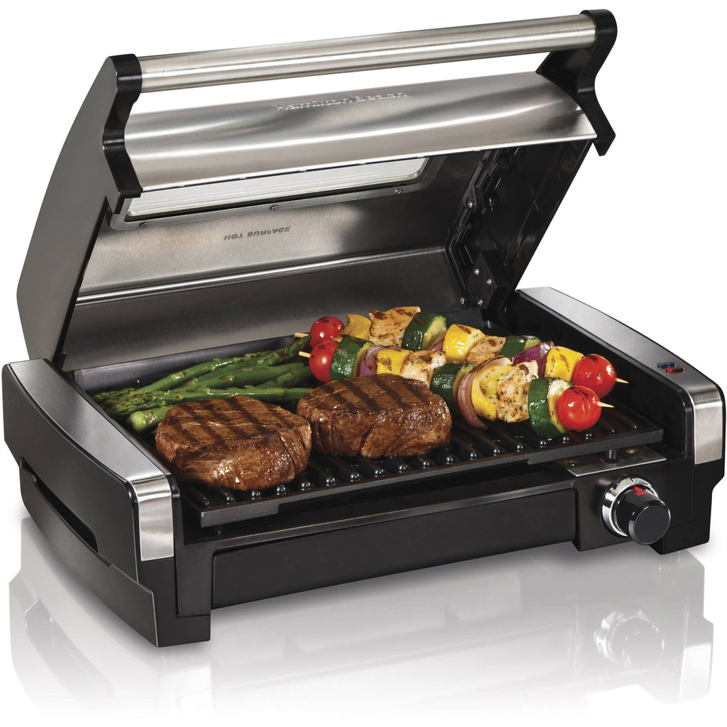 Hamilton Beach Electric Indoor Searing Grill with Removable Plates and Less Smoke, Brushed Metal, with Glass Viewing Window | Model # 25361