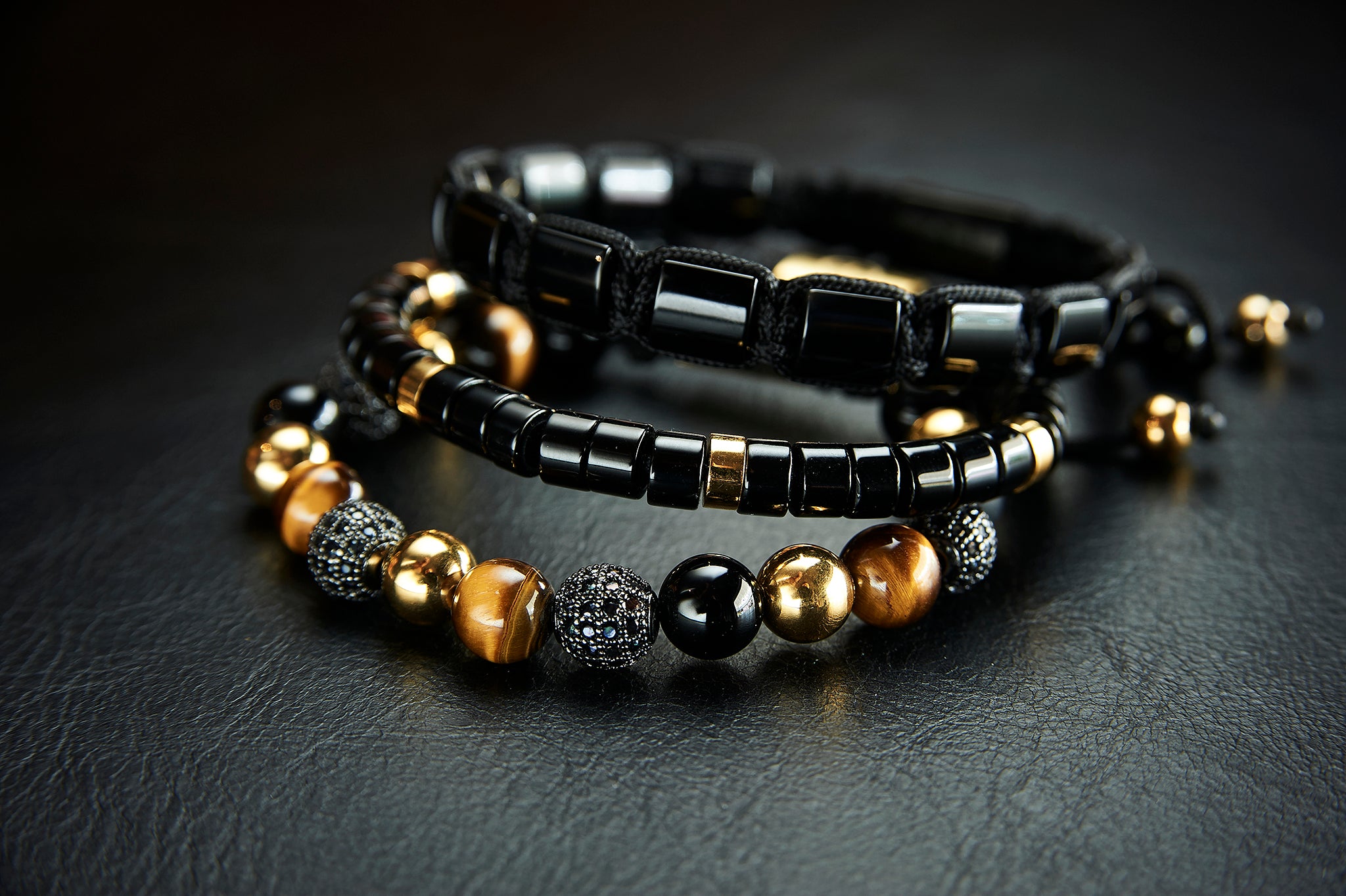 Beaded Bracelet With Gold Matte Onyx Brown Tiger Eye And Black Cz Torrela Jewelry