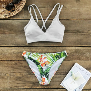 white and green leaf bathing suit