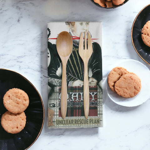 Mary Queen of Scots Tea Towel on counter with a plate of Scottish Shortbread