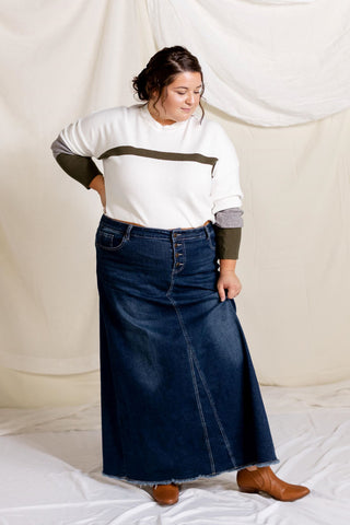 Haven' Long Stretch Denim Skirt in Dark Wash – The Main Street Exchange