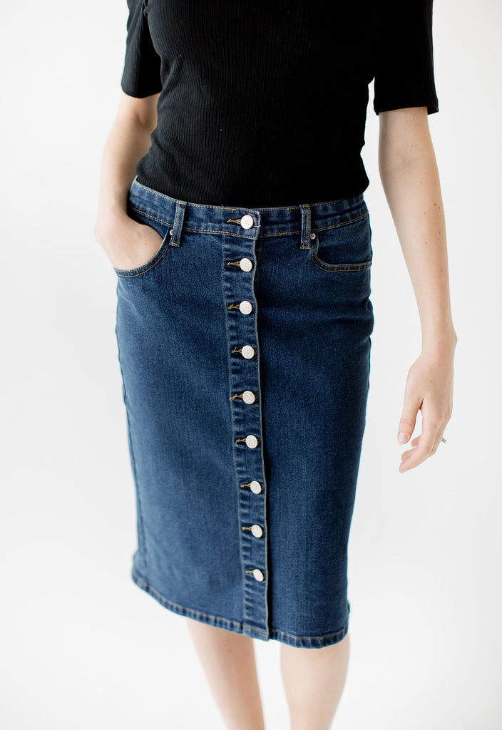 long button down denim skirt