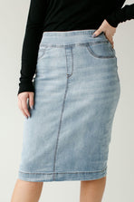 'Sara' Classic Knee Length Light Wash Denim Skirt – The Main Street ...