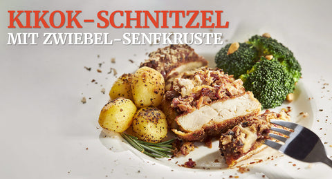 Kikok Schnitzel mit Zwiebel-Senfkruste