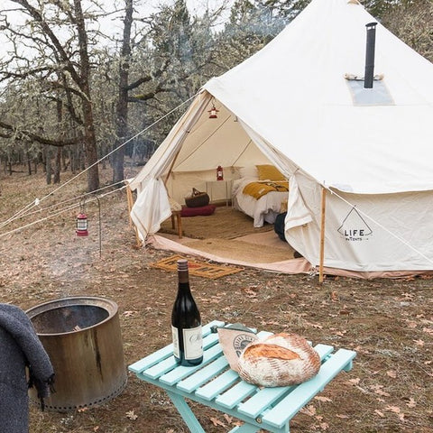 A tent with a Stove Jack Flashing Tent Stove view from the outside