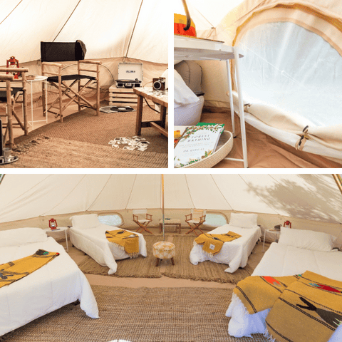 interior of large family camping tent with camp furniture