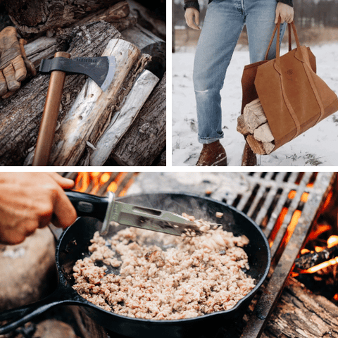 hachette de campagne, transporteur de bois de chauffage, couteau de chasse, feu de camp en fonte