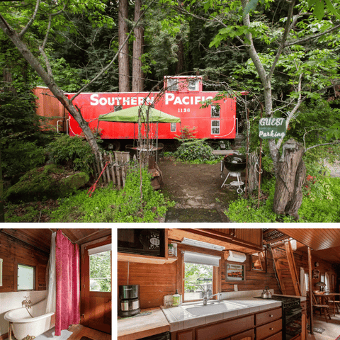 red train caboose glamping in woods