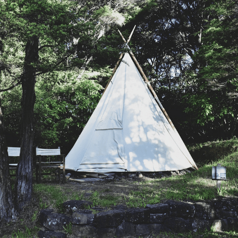 canvas teepee tent in woods
