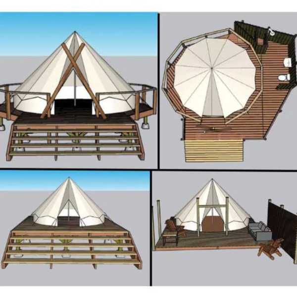 renderings of a bell tent on wood platform