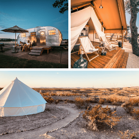 glamping tents and vintage camp trailer
