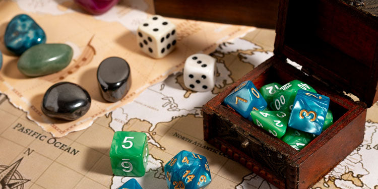 rolling dice, map, treasure box from a board game