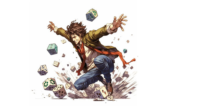 an illustration of a man rolling dice, the dice flying all over the place